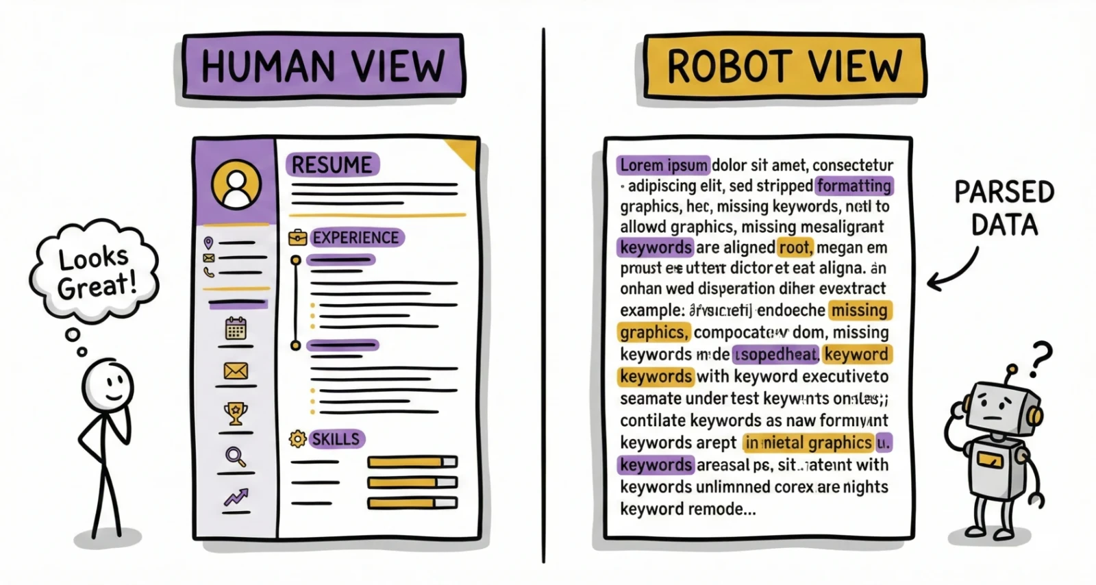 Side-by-side comparison of a visual resume and its broken text version as seen by ATS software.