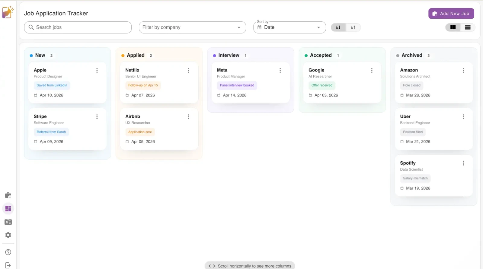 Reztune dashboard showing a visual job application tracker with drag-and-drop columns.