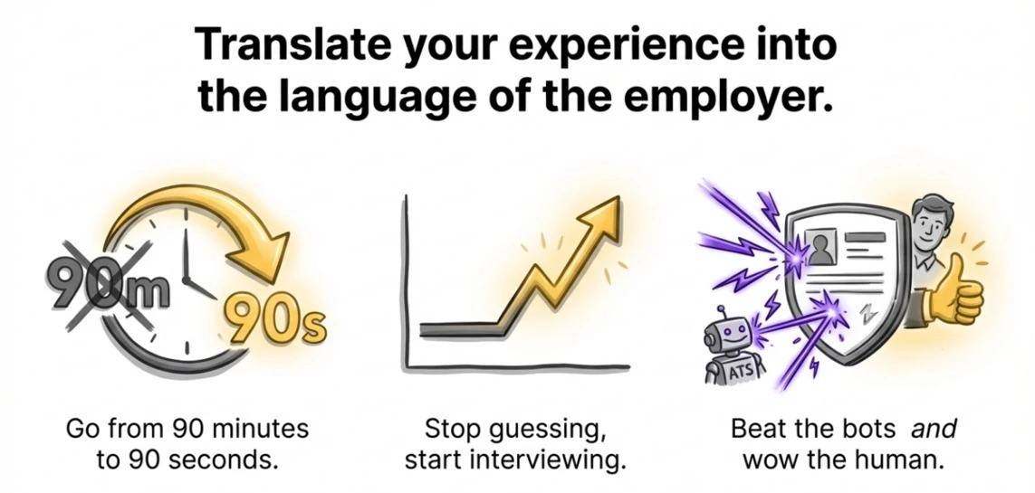 A three-panel illustration summarizing the benefits of effective resume tailoring: 1. Efficiency, going from 90 minutes to 90 seconds (time saved). 2. Performance, showing a rising graph (more interviews). 3. Success, demonstrating beating the ATS robot and impressing the human recruiter (getting hired).