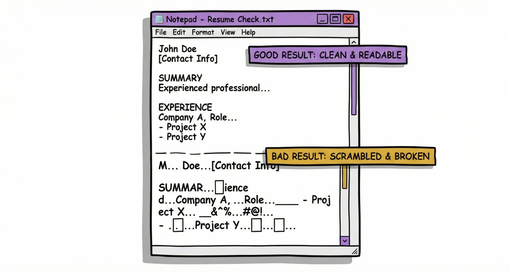 Example of the Notepad Trick showing the difference between a clean and a broken resume parse.