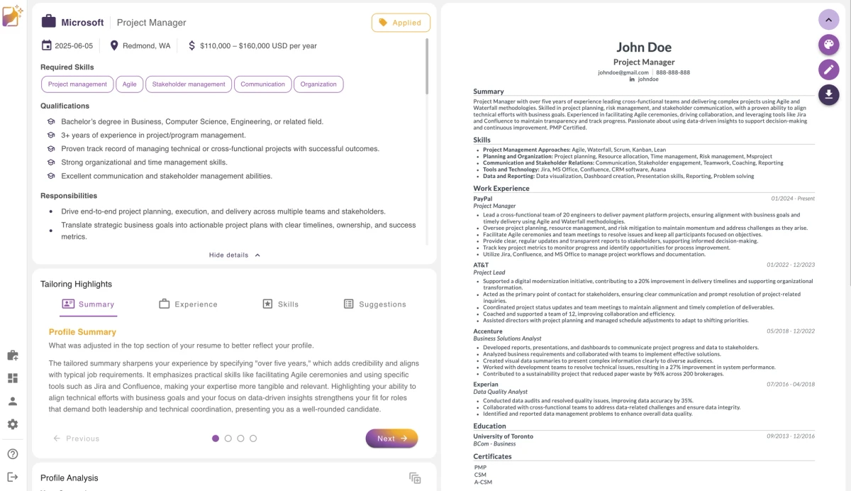 Screenshot of AI resume tailoring with Reztune application