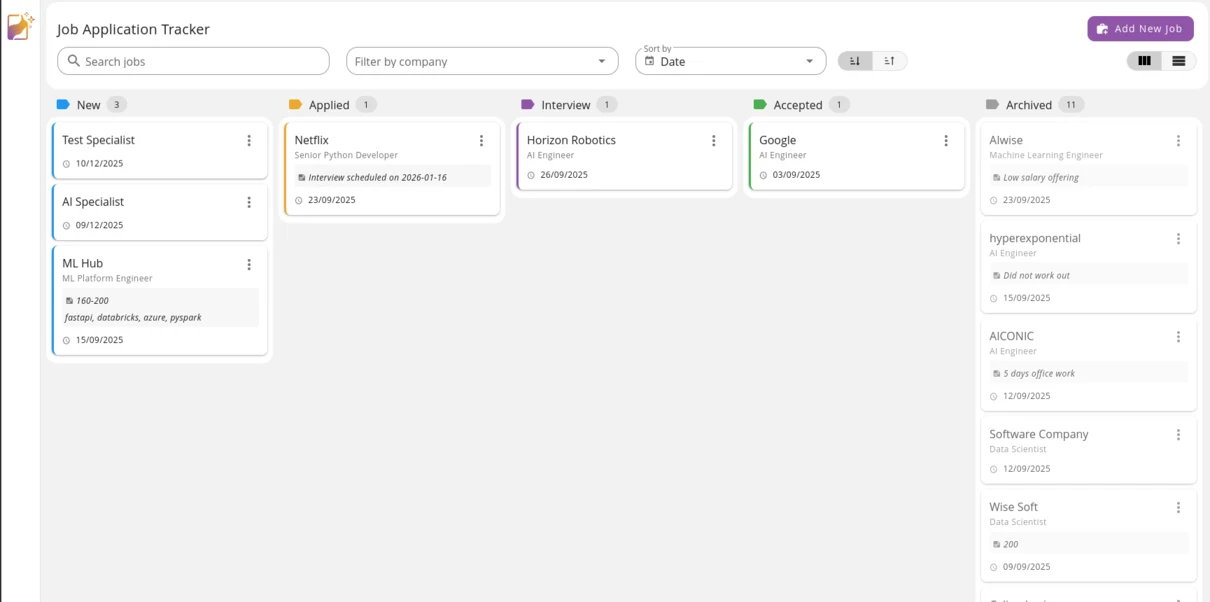 Reztune dashboard showing a visual job application tracker with drag-and-drop columns.