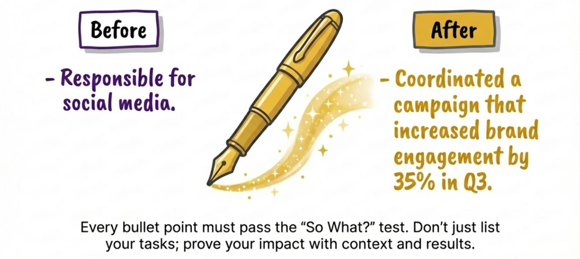 Illustration showing a Before and After example for a resume bullet point, separated by a magical golden fountain pen. The Before point is weak: Responsible for social media. The After point is strong and results-oriented: Coordinated a campaign that increased brand engagement by 35% in Q3. This demonstrates the necessity of using the So What test when resume tailoring to prove impact and quantify achievements instead of just listing responsibilities.